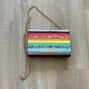 Kurt Geiger Multicolor Striped Acrylic Crossbody Clutch with Gold Chain